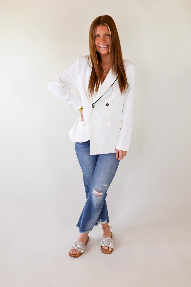 Classic Reimagined Blazer with Silver Fringe in White