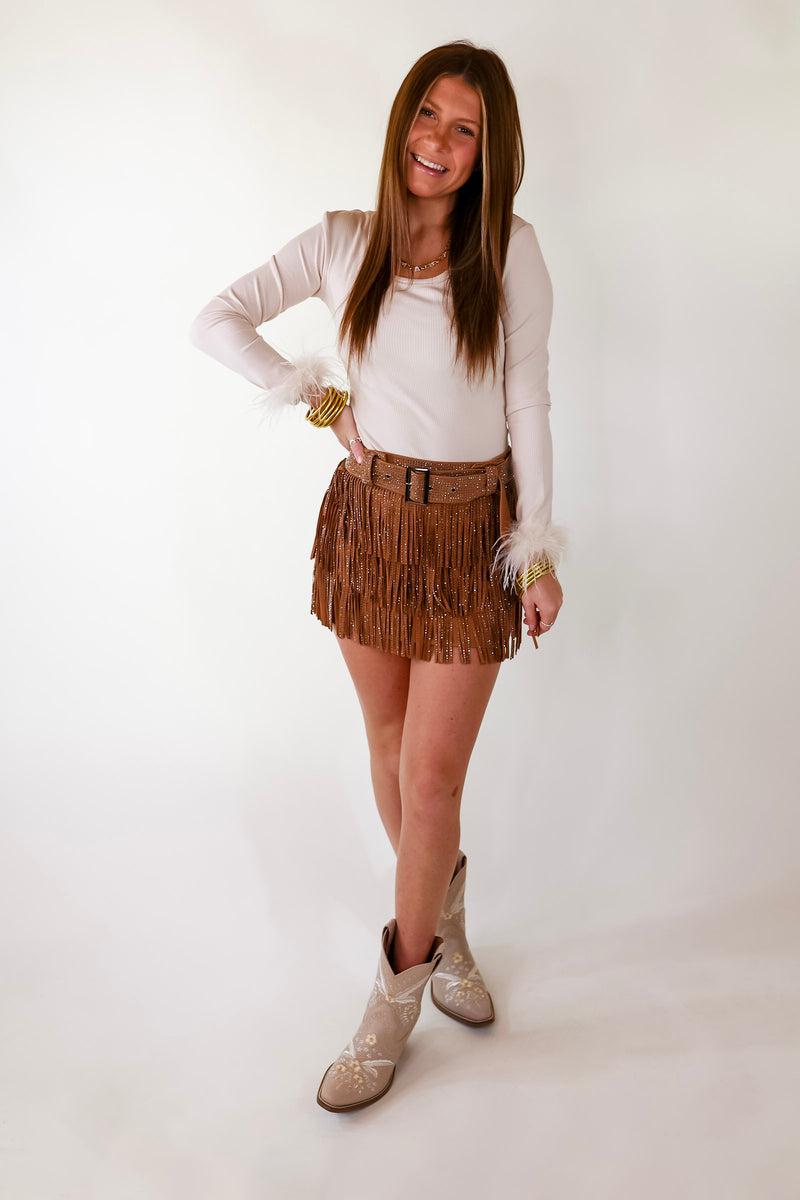 Center Stage Feather Trim Long Sleeve Bodysuit In Cream
