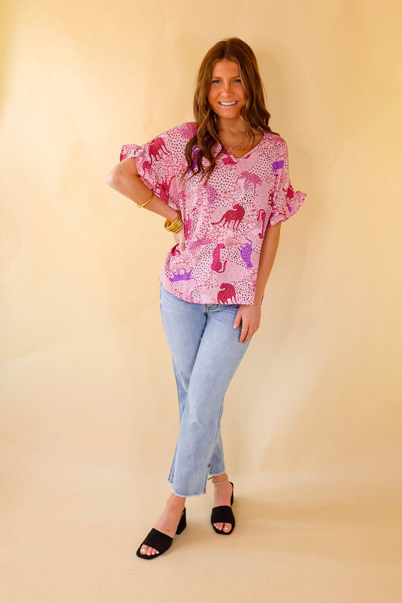 Best Version Cheetah Print V Neck Top with Ruffle Short Sleeves in Pink Mix
