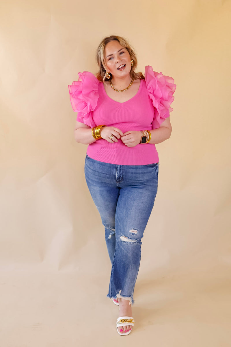 The Party Goes On Ribbed Fitted Top with Ruffle Sleeves in Pink