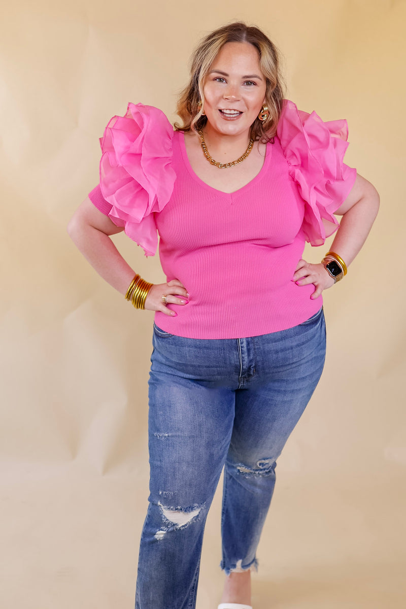 The Party Goes On Ribbed Fitted Top with Ruffle Sleeves in Pink
