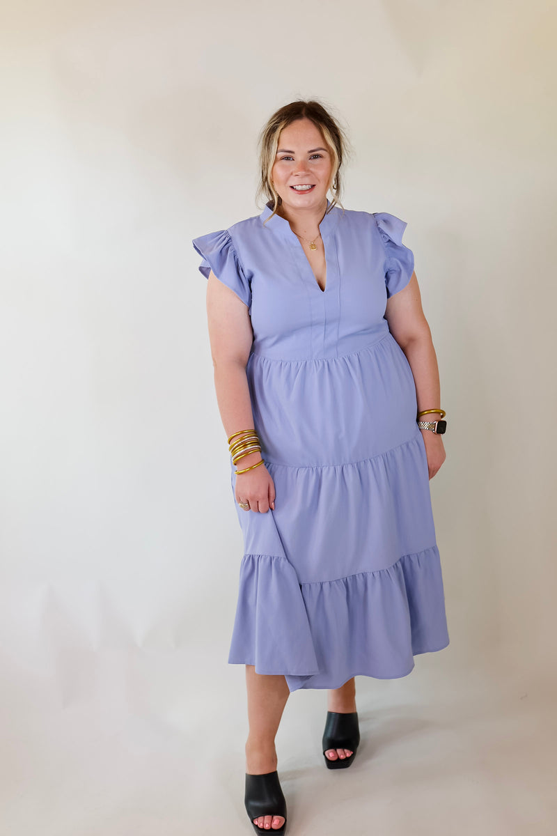 Magnolia Morning Ruffle Cap Sleeve Tiered Midi Dress in Periwinkle Blue