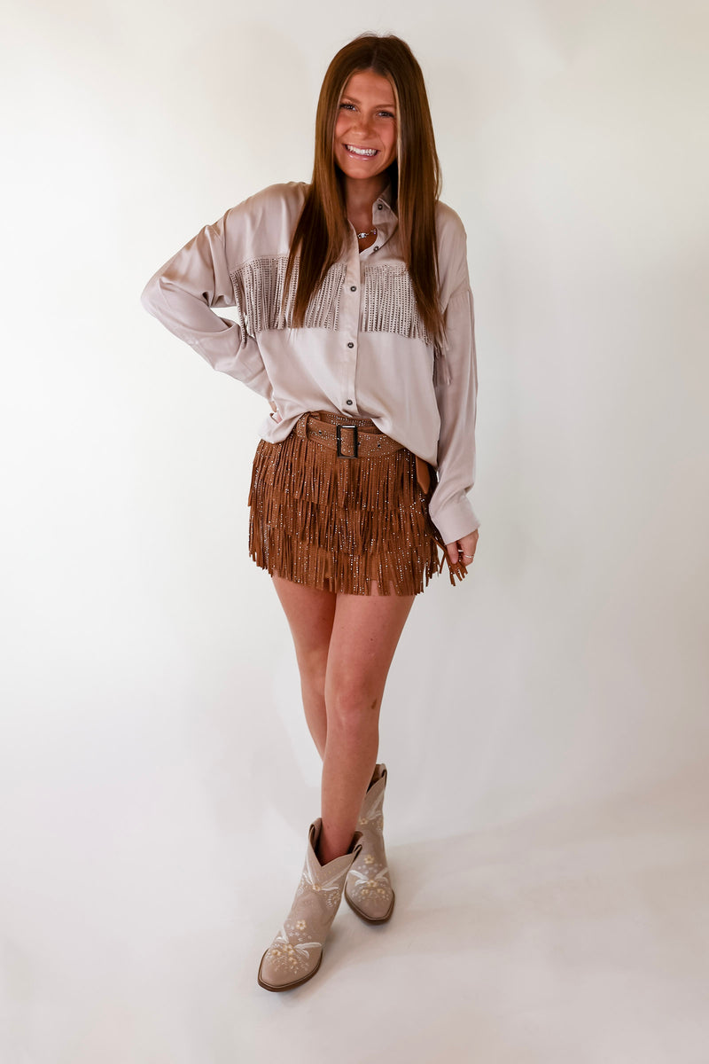 All That Shimmers Crystal Fringe Button Up Top with Long Sleeves in Champagne