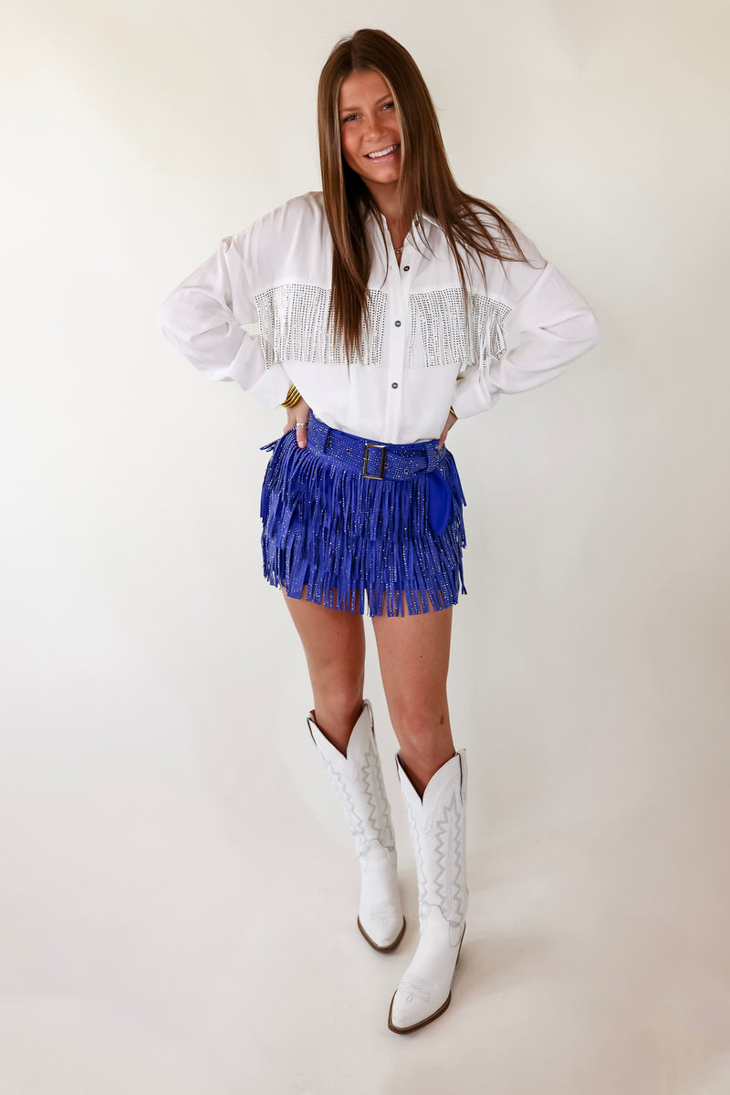 Cowboy Killer Crystal Fringe Mini Skort in Royal blue