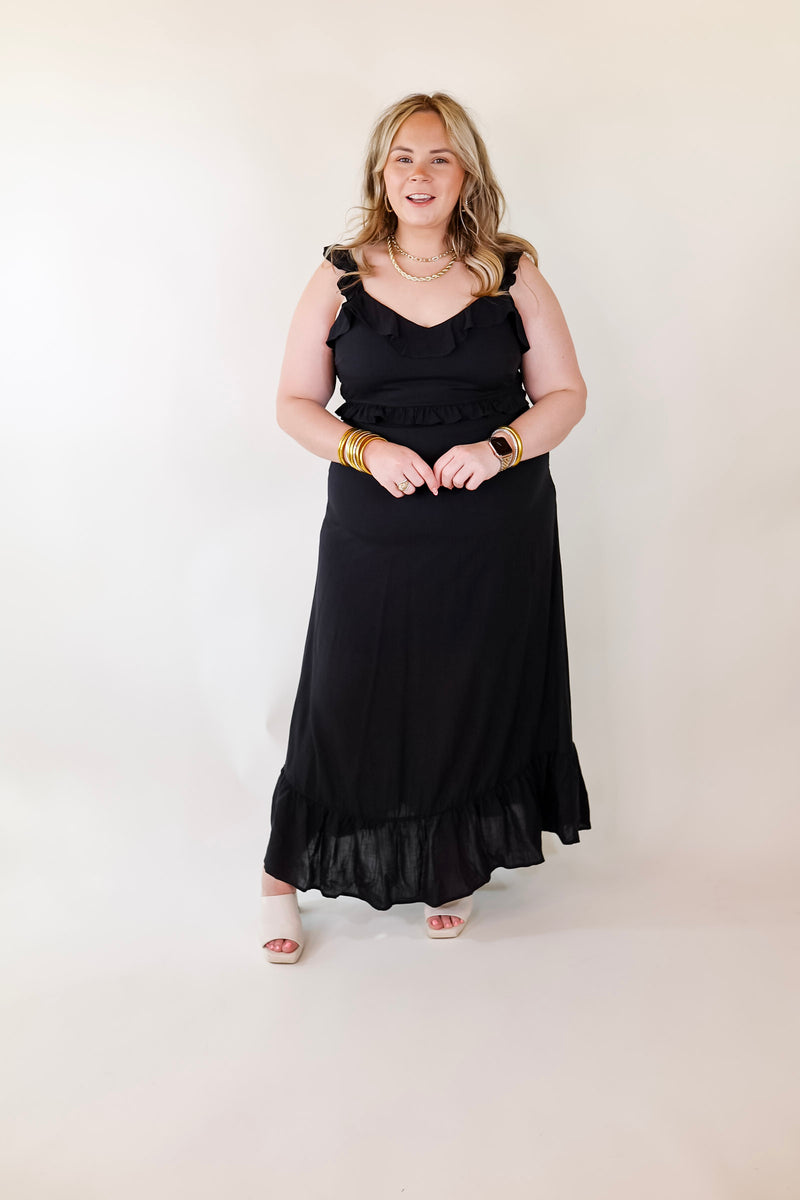 Talk About Beauty Tank Maxi Dress With Cutouts and Ruffles in Black