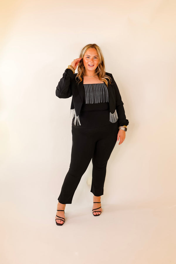 Time For Magic Cropped Blazer with Crystal Fringe Trim in Black