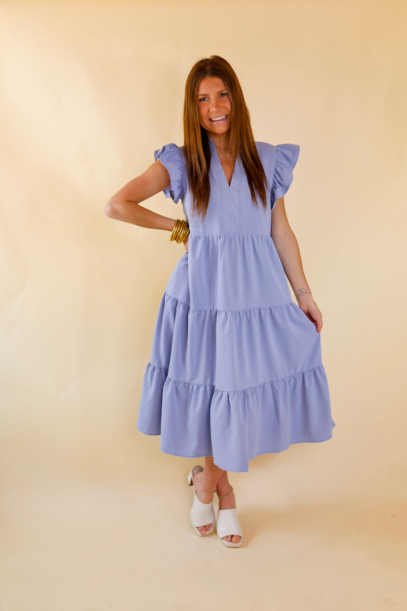 Magnolia Morning Ruffle Cap Sleeve Tiered Midi Dress in Periwinkle Blue