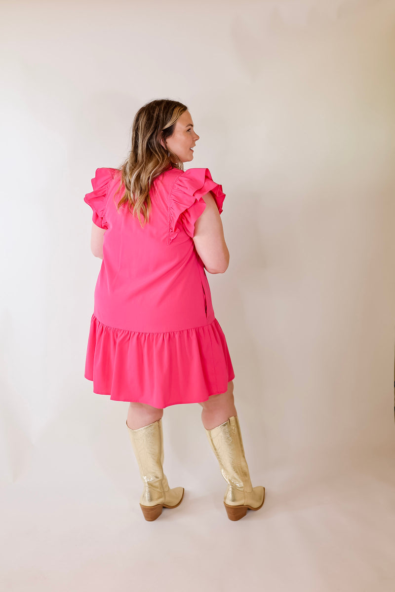 Powerful Love Ruffle Cap Sleeve Dress with Keyhole and Tie Neckline in Hot Pink