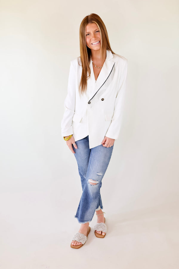 Classic Reimagined Blazer with Silver Fringe in White