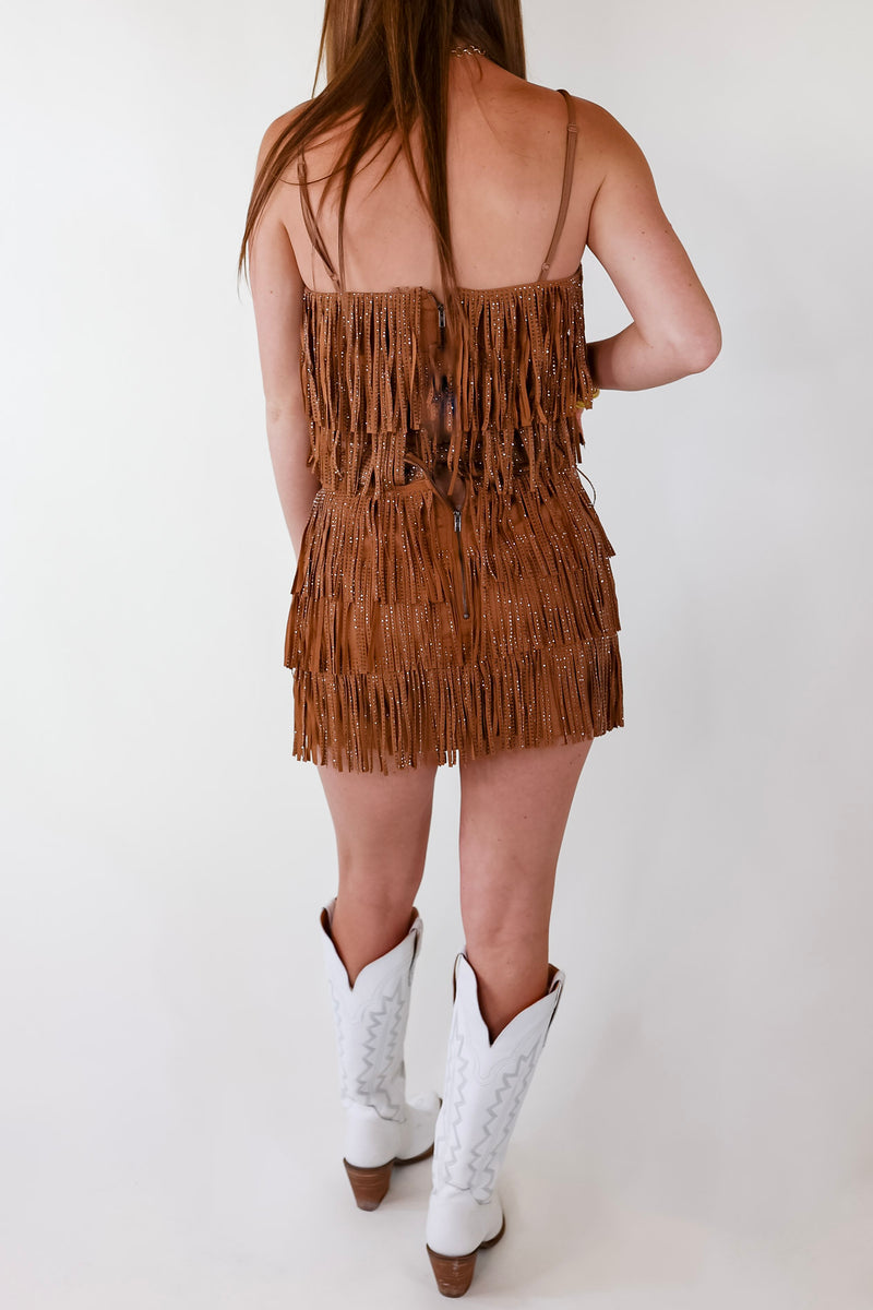 Cowboy Killer Crystal Fringe Mini Skort in Camel Brown