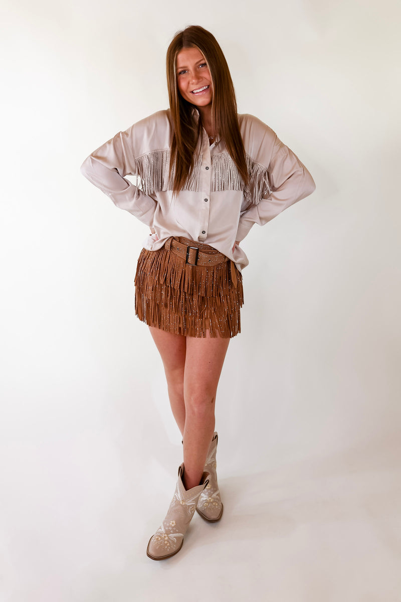 All That Shimmers Crystal Fringe Button Up Top with Long Sleeves in Champagne