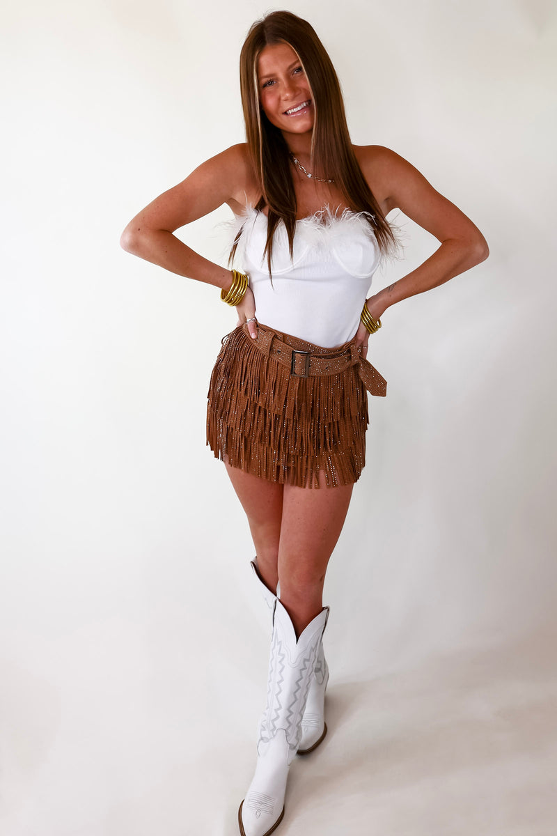 Movie Star Status Strapless Ribbed Bodysuit with Feathers in White