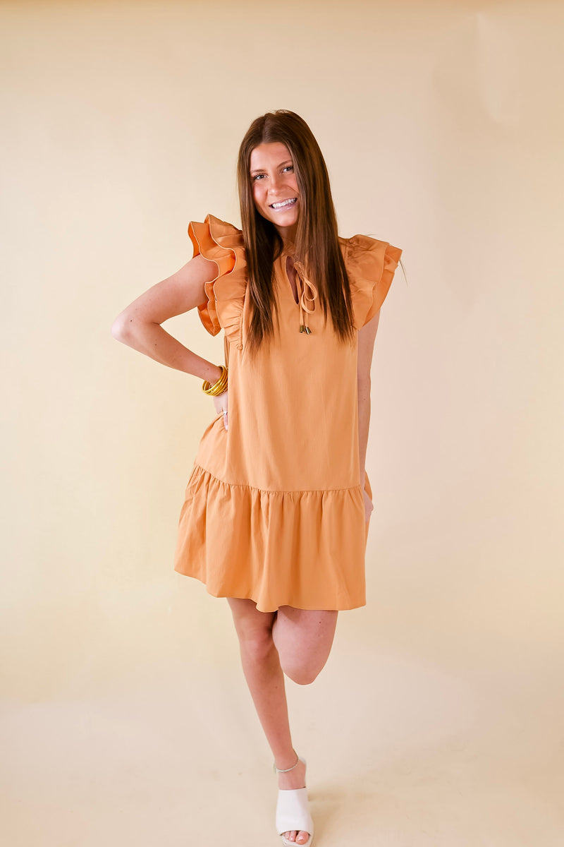 Powerful Love Ruffle Cap Sleeve Dress with Keyhole and Tie Neckline in Sunset Orange