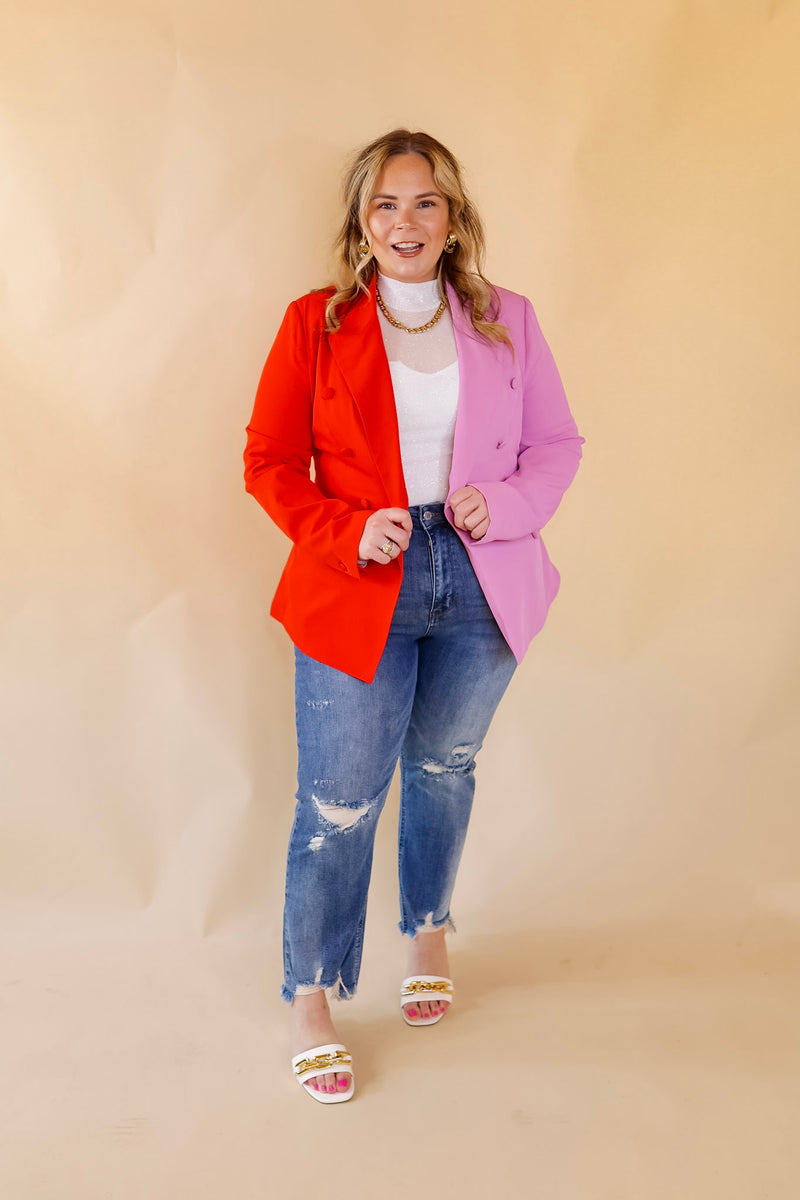 My Only Desire Color Block Button Up Blazer in Red and Pink
