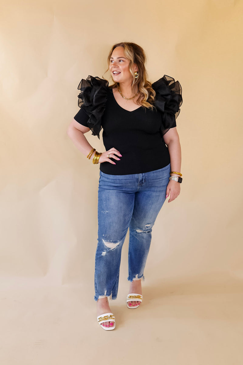 The Party Goes On Ribbed Fitted Top with Ruffle Sleeves in Black