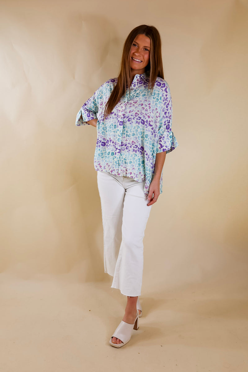 Hotter Than Ever Leopard Print Button Up Top with Short Sleeves in Purple Mix