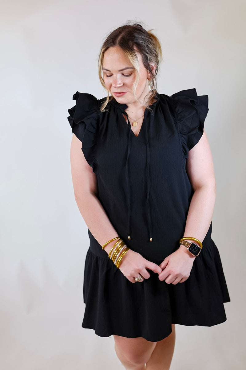 Powerful Love Ruffle Cap Sleeve Dress with Keyhole and Tie Neckline in Black