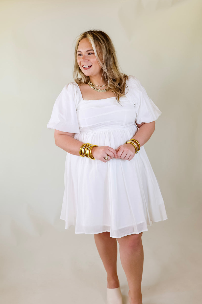 Livin Free Off The Shoulder Pleated Dress With Puffed Sleeves in White