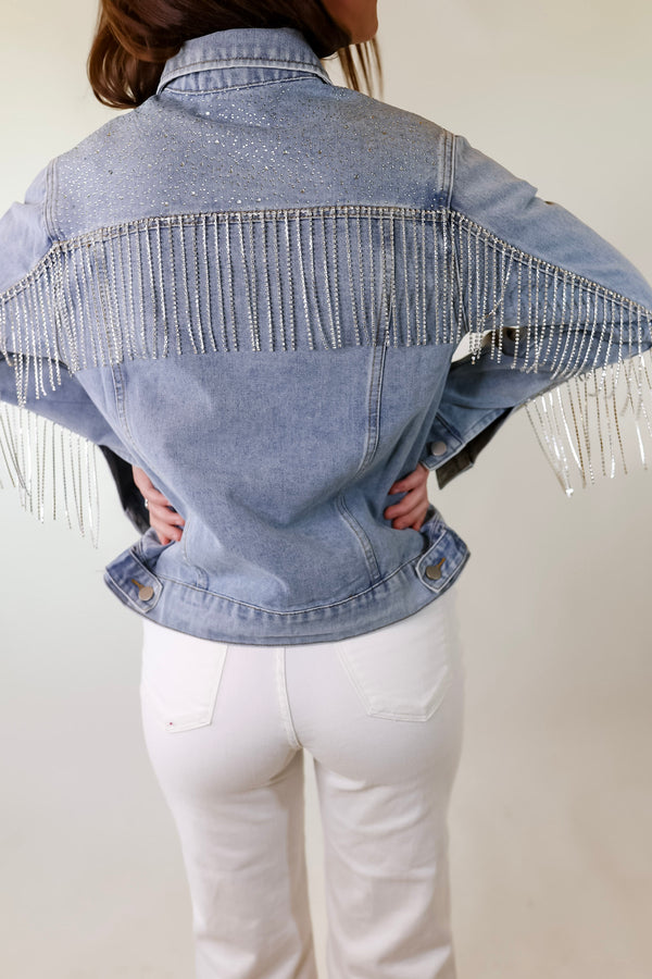 Like a Diamond Crystal Fringe Button Up Denim Jacket in Light Wash