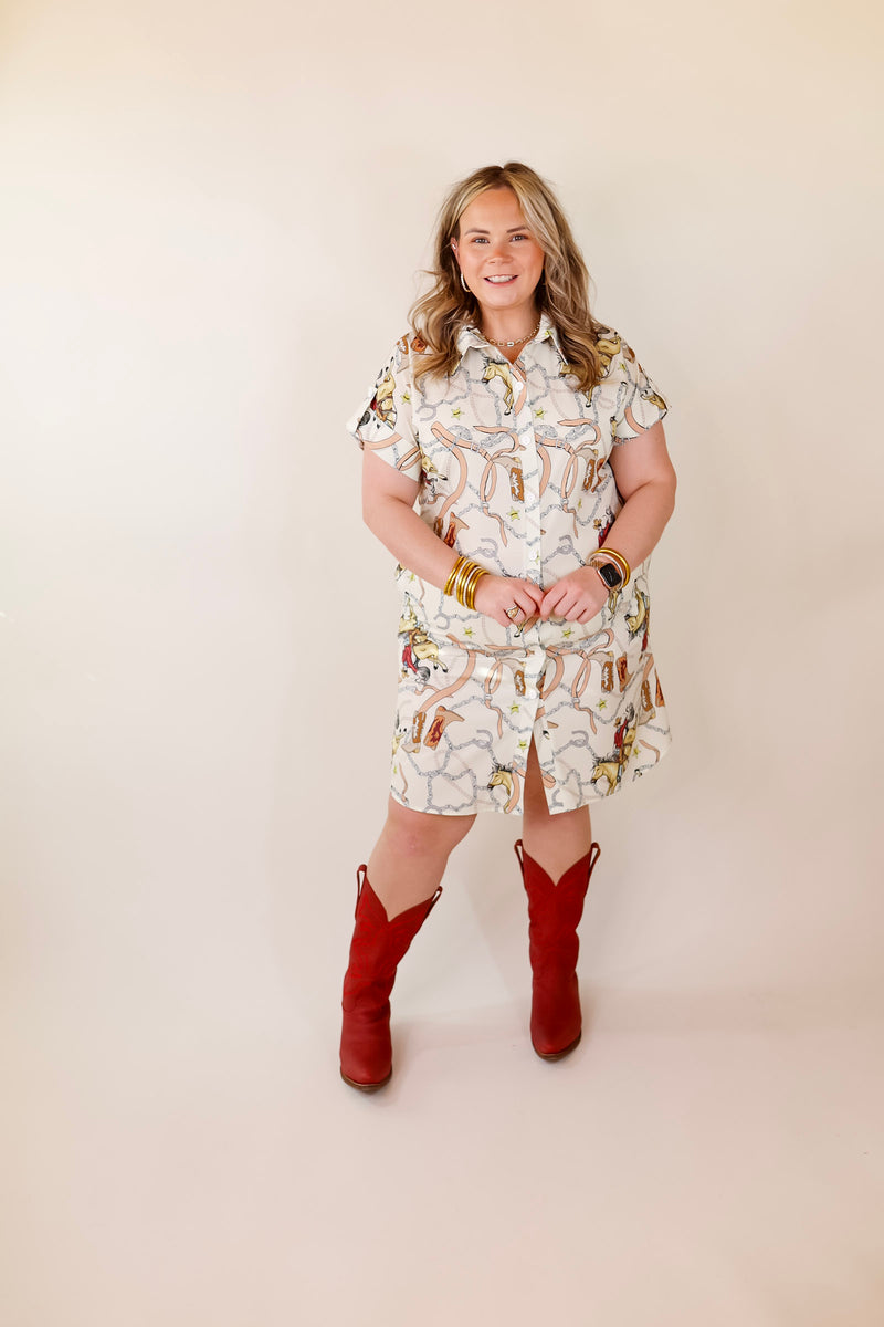 The Cowgirl Way Button Up Cowboy Print Dress in Cream