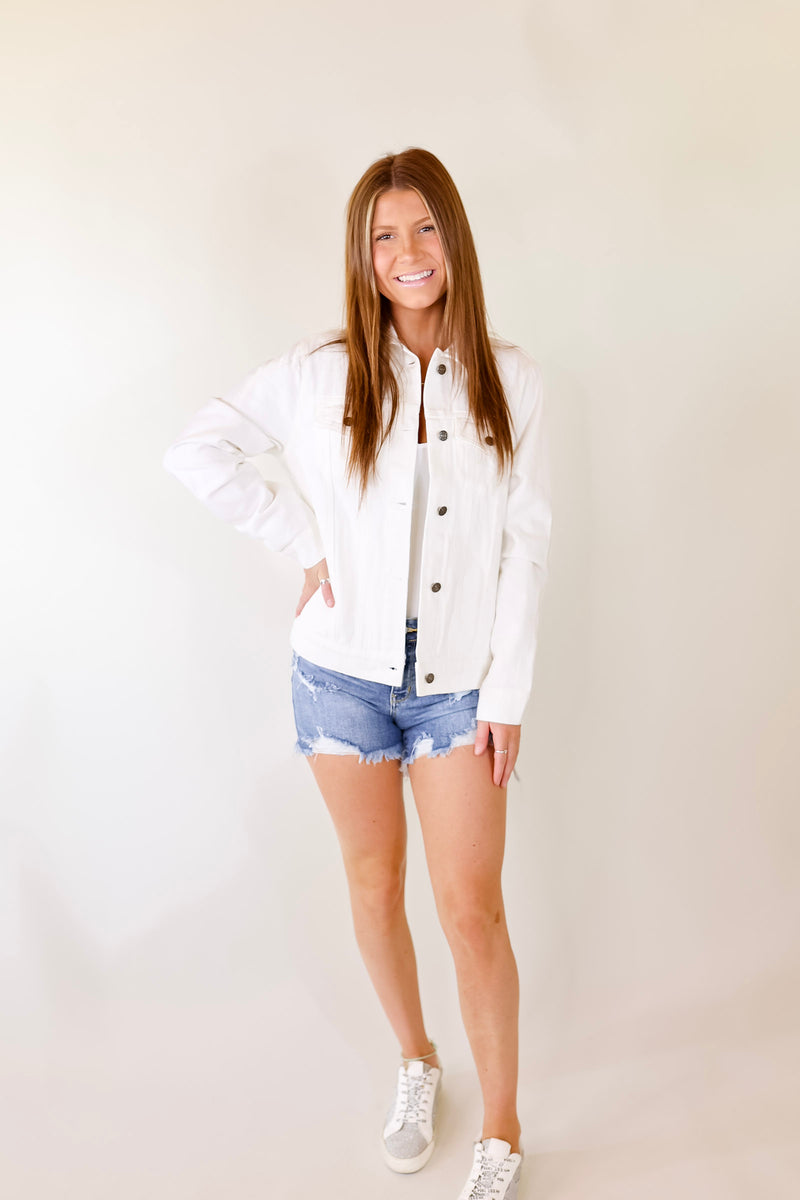 Prime Time Floral Embroidered Denim Jacket With Pockets in White