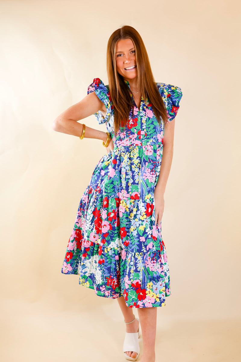 Magnolia Morning Floral Ruffle Cap Sleeve Tiered Midi Dress in Blue