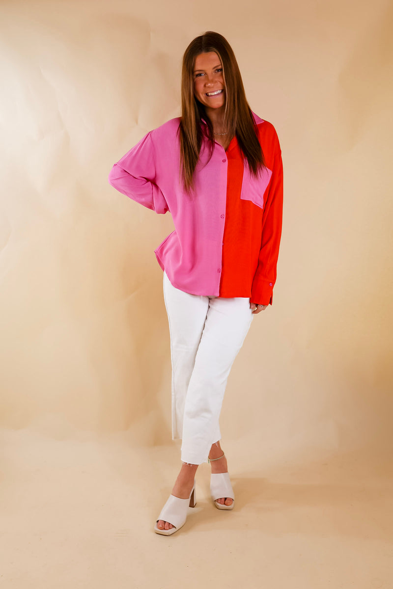 Play It Up Color Block Button Up Top in Pink and Red