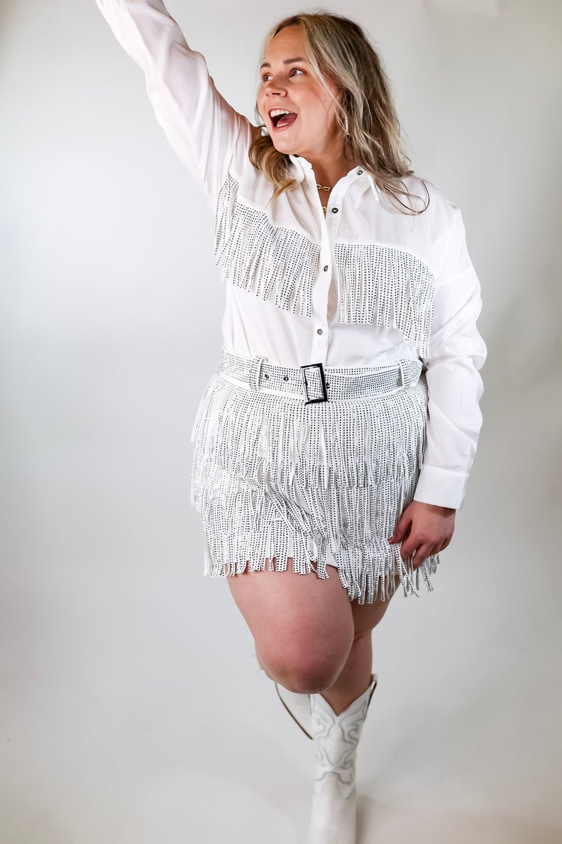 All That Shimmers Crystal Fringe Button Up Top with Long Sleeves in White