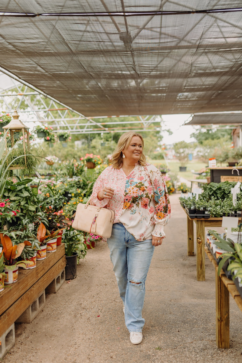 Tulip Time Floral Mix Print Button Up Blouse in Pink