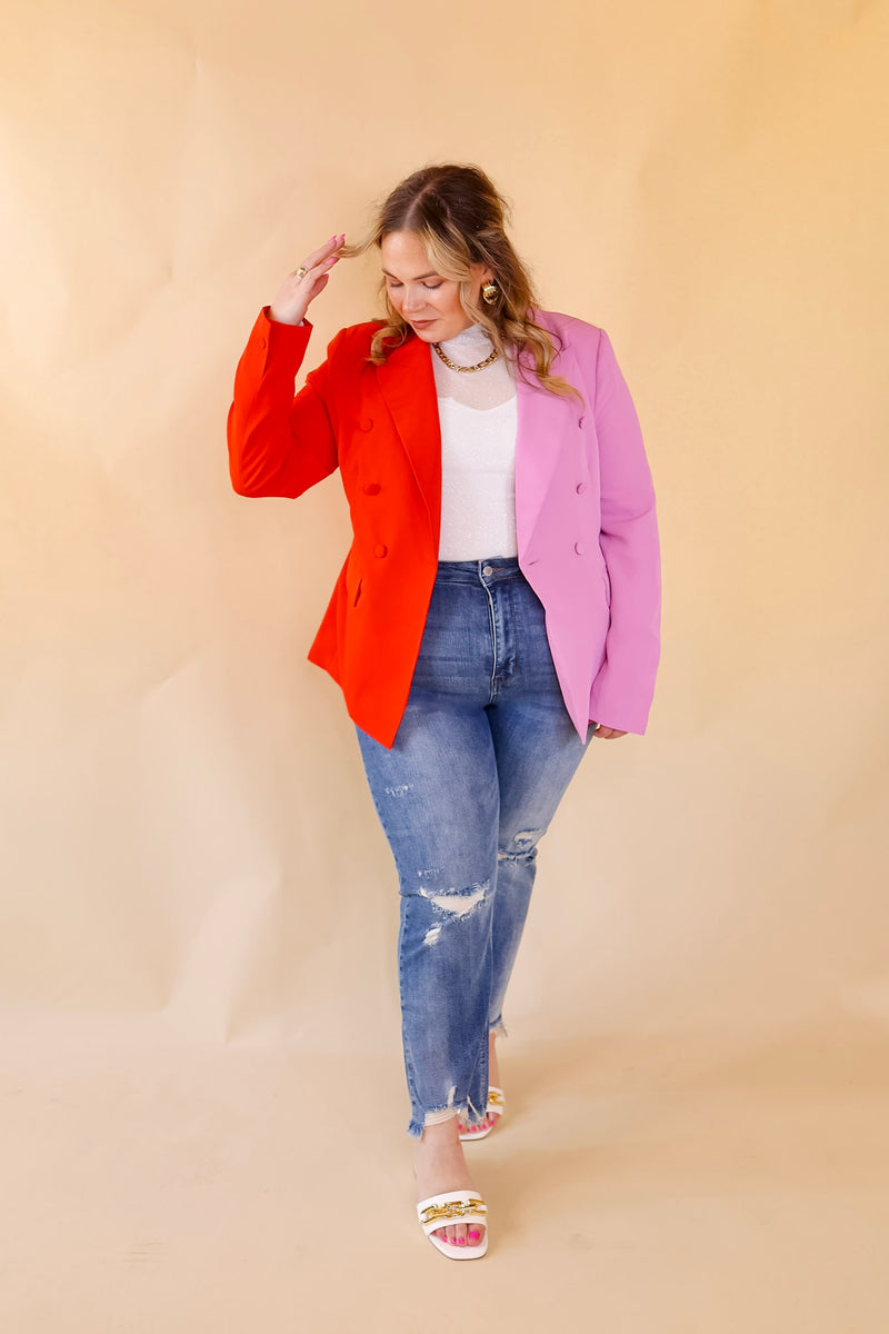 My Only Desire Color Block Button Up Blazer in Red and Pink