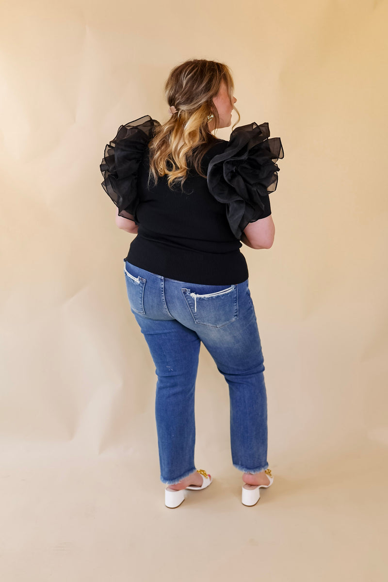 The Party Goes On Ribbed Fitted Top with Ruffle Sleeves in Black