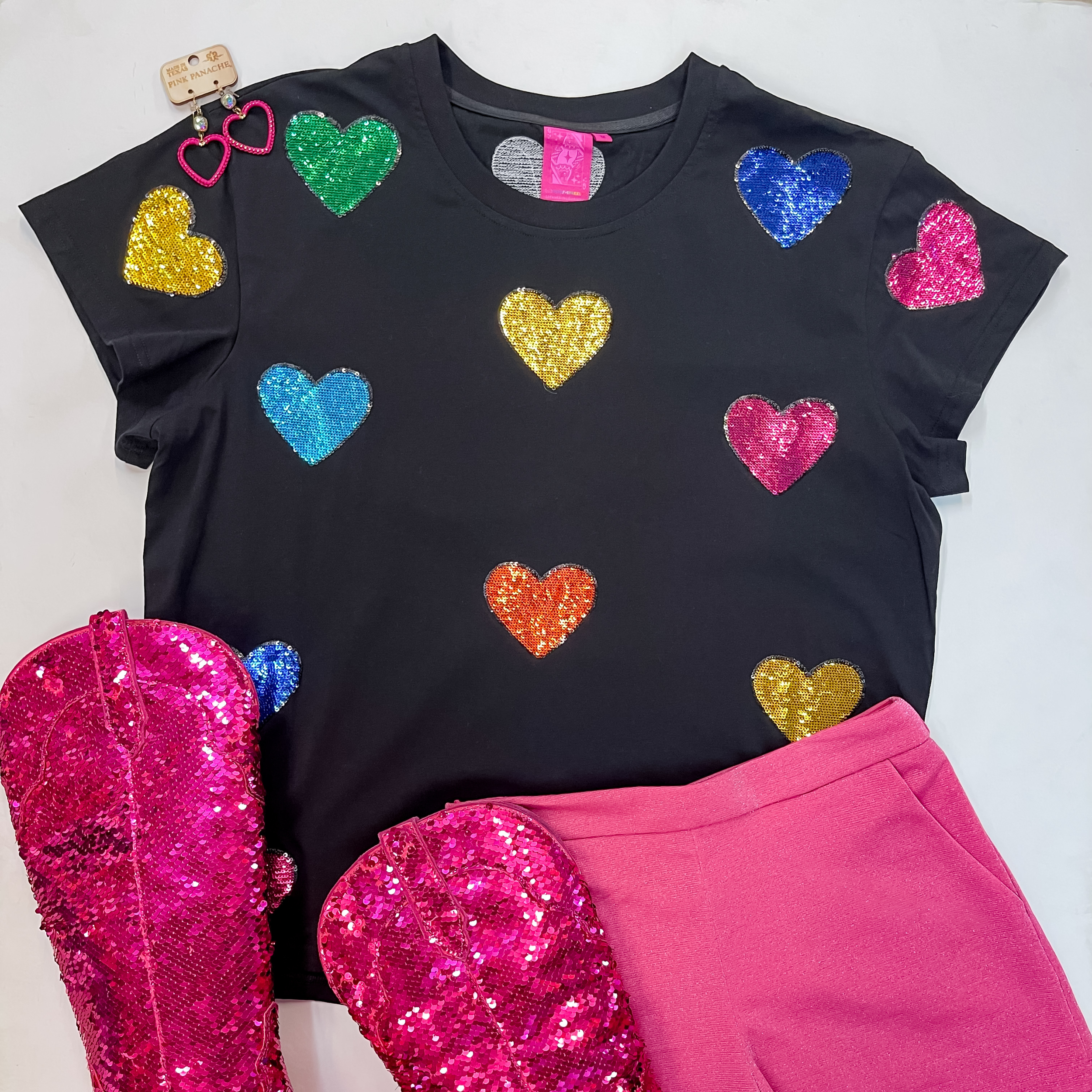 Image of Queen Of Sparkles | Fluttering Hearts Multi-Colored Sequin Top in Black