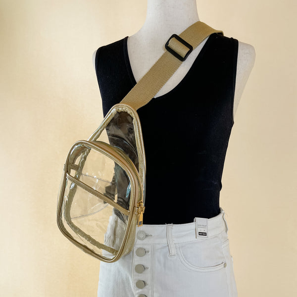 Clear Sling Backpack with a Gold Outline