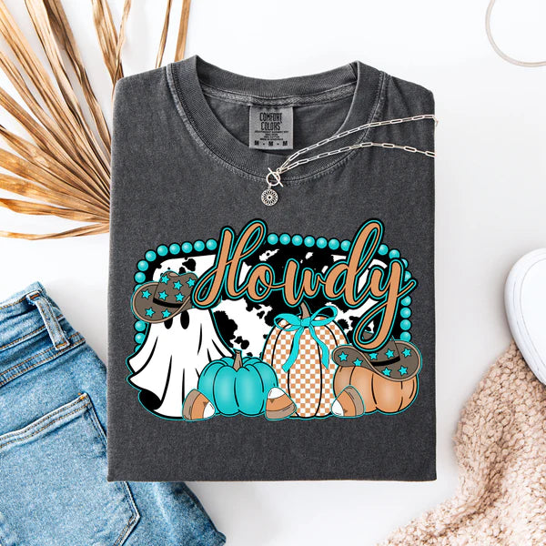 Online Exclusive | Howdy Turquoise Ghost Pumpkin Graphic on Short Sleeve Comfort Color Tee in Pepper Black