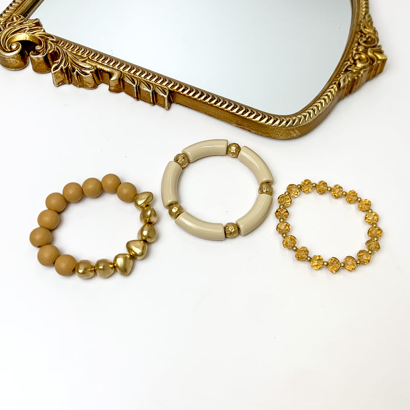 Set of Three | Island Dream Crystal and Marble Beaded Bracelet Set in Beige Brown