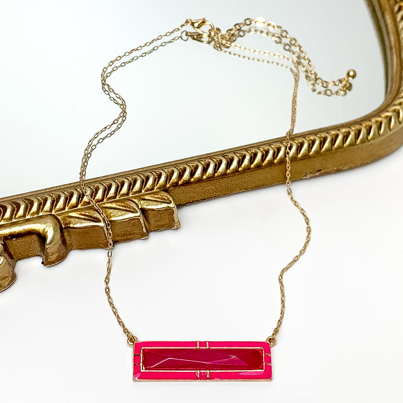 Everyday Gold Tone Chain Necklace With Rectangular Pendant in Fuchsia