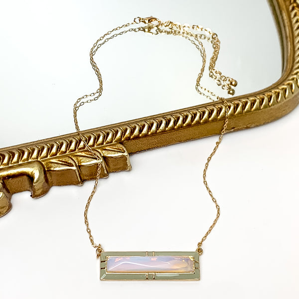 Everyday Gold Tone Chain Necklace With Rectangular Pendant in Opal