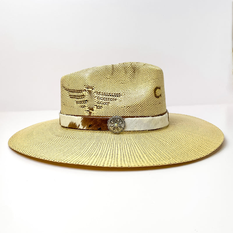 Cow Print Hat Band with Silver Tone Concho Charm in Brown, Grey, and White