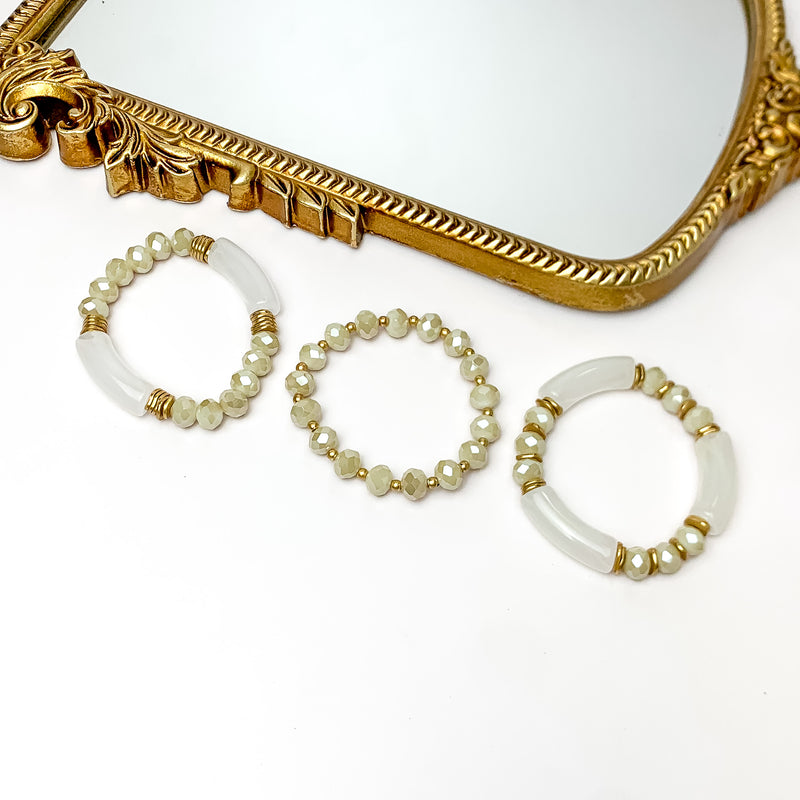 Set of Three | Sunny Bliss Crystal Beaded Bracelet Set in Ivory