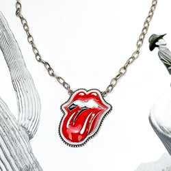 Bold Red Tongue Pendent on Silver Tone Necklace