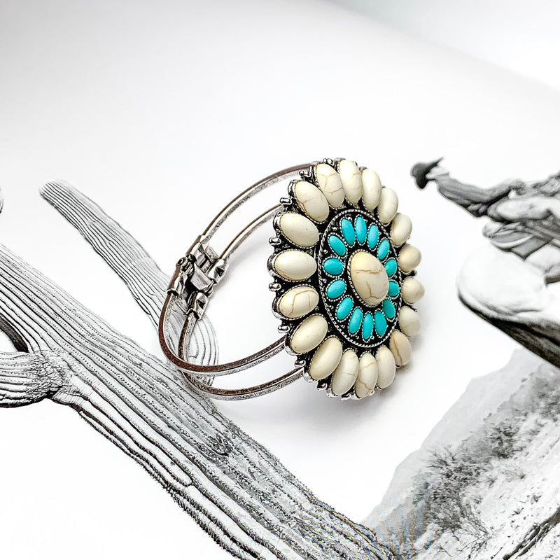 Ivory and Turquoise Oval Stone Concho Hinge Cuff Bracelet