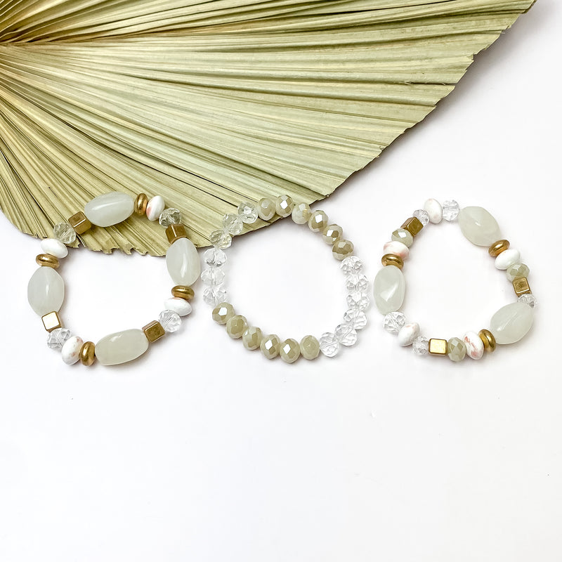 Set of Three | Coastal Charm Crystal and Marble Beaded Bracelet Set in Ivory