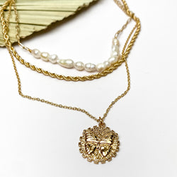 Butterfly Pendant Gold Tone Three layered Necklace With Pearl Accents