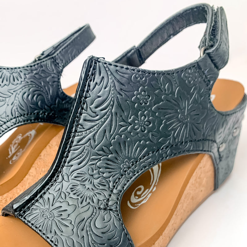 Very G | Trading Secrets Wedge Sandal with Velcro Strap in Tooled Black