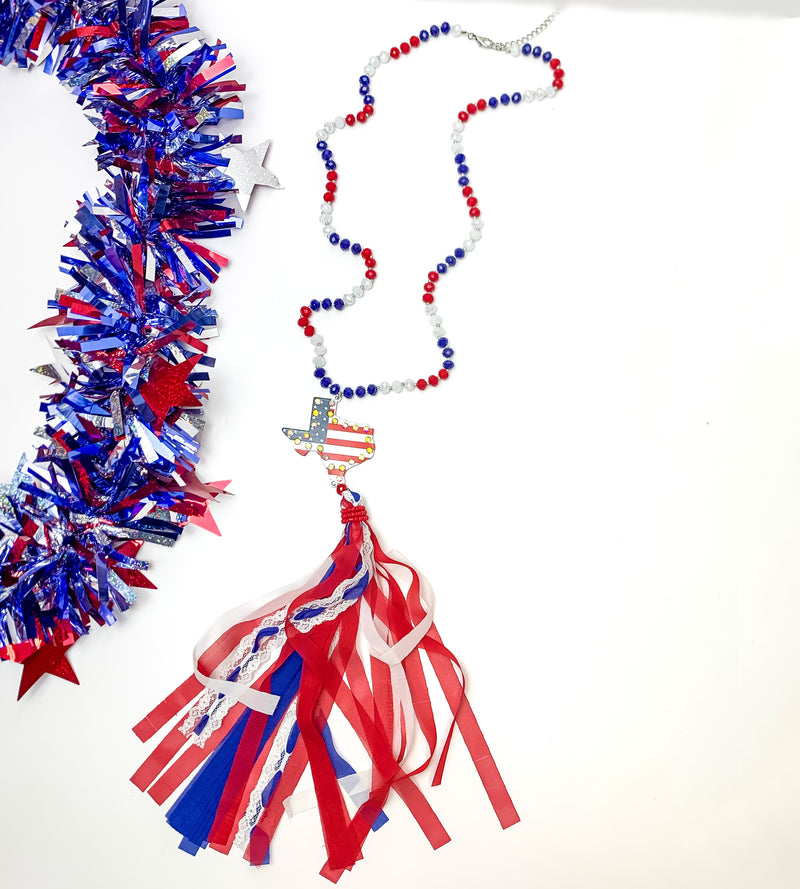 Red White and Bold USA Flag Texas Shape Necklace with Tassels