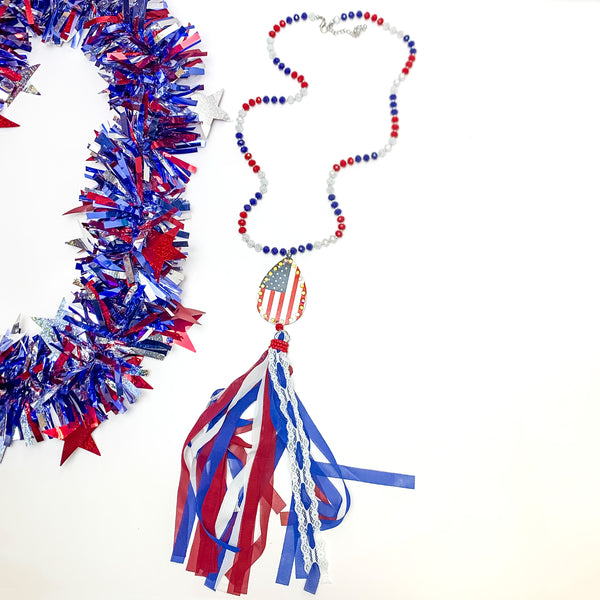 Red White and Bold USA Flag Necklace with Tassels