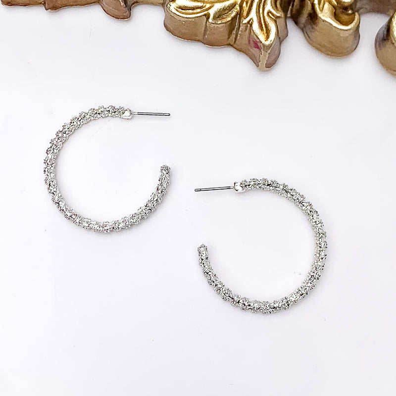 Worry Free Medium Silver Tone Textured Hoop Earrings