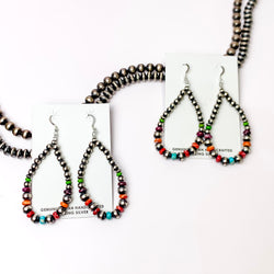 Navajo | Navajo Handmade Sterling Silver Navajo Pearl Teardrop Earrings with Green, Blue, Purple, and Orange Spacers