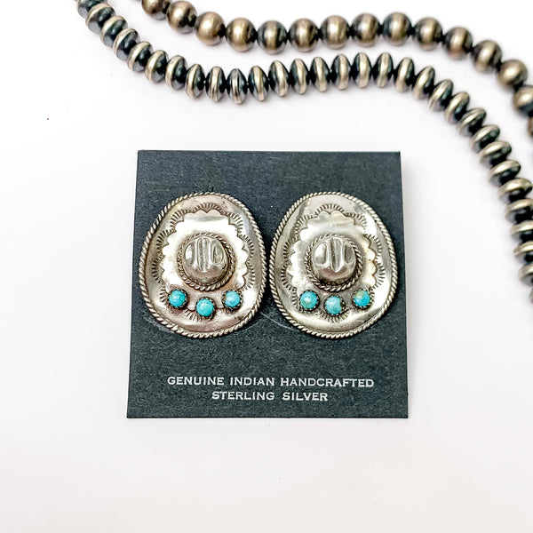 Pam Benally | Navajo Handmade Sterling Silver Cowgirl Hat Stud Earrings with Three Small Turquoise Stones