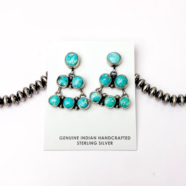 Lorenzo Sam | Navajo Handmade Sterling Silver Tiered Post Earrings with Kingman Turquoise Stones